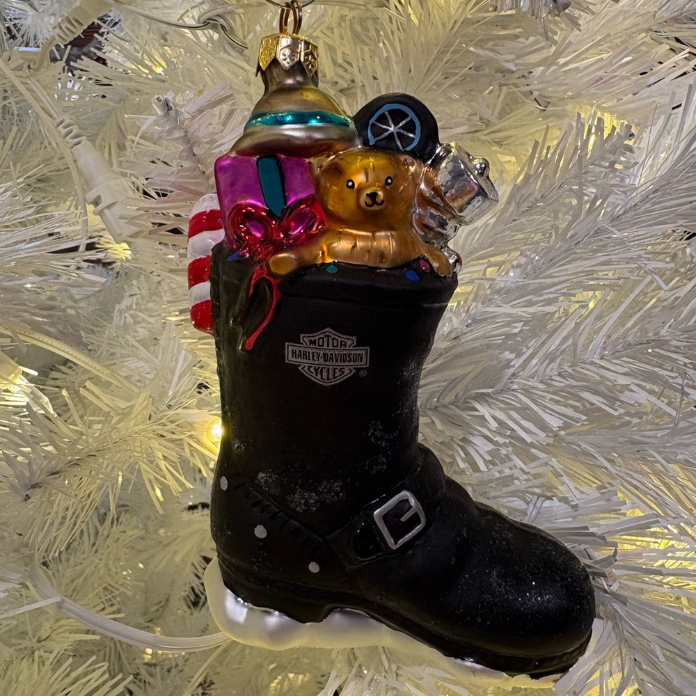 Harley-Davidson Black Boot Ornament with Festive Accents